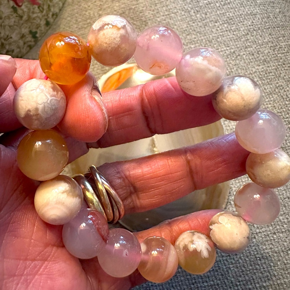 Pink Flower Agate Stretch Bracelet